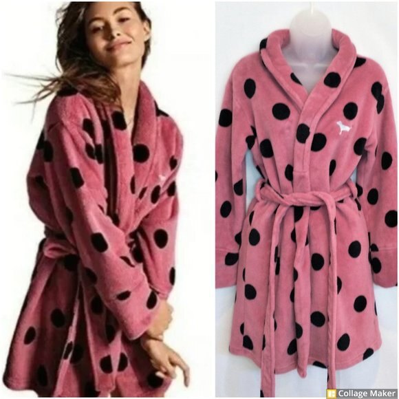 Victoria's Secret PINK Robe Size XS/S Plush Fleece Pink Black Polka Dot - Picture 1 of 8